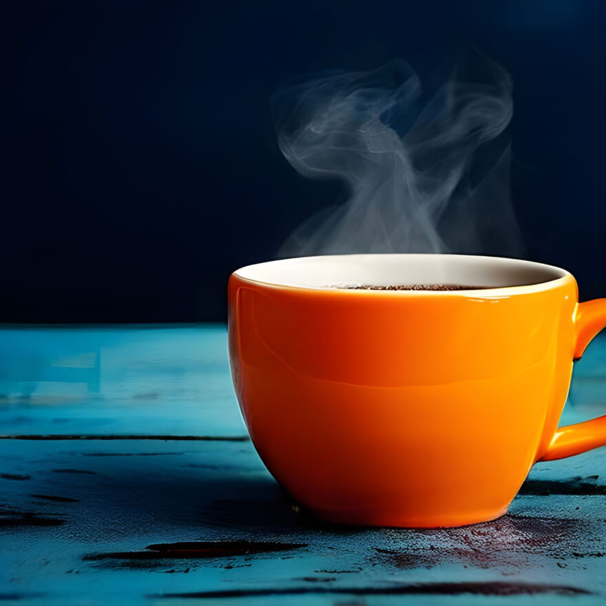 coffee in an orange mug on a table